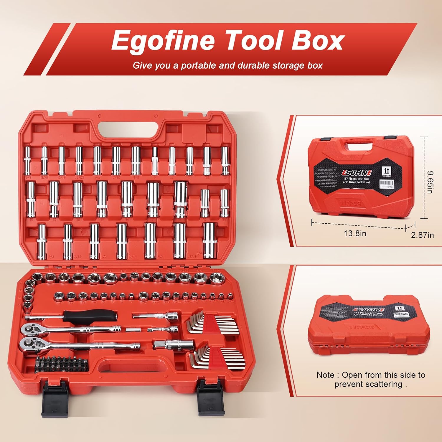 Egofine 117 Pieces 1/4 & 3/8 inch Drive Socket Ratchet Wrench Set, Metric/SAE Size, with Bit Socket Set and Extension Bar for Auto Repairing and Household, with Storage Case