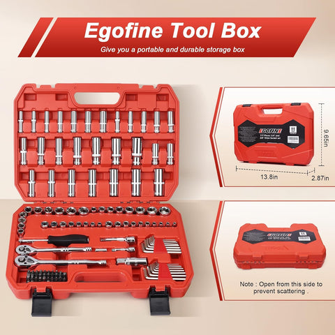 Egofine 117 Pieces 1/4 & 3/8 inch Drive Socket Ratchet Wrench Set, Metric/SAE Size, with Bit Socket Set and Extension Bar for Auto Repairing and Household, with Storage Case