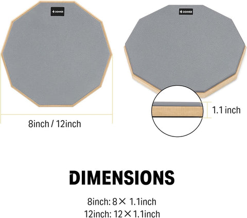 Donner 12 Inches Drum Practice Pad Silent Drum Pad Set Gray 2-Sided With Drum Sticks