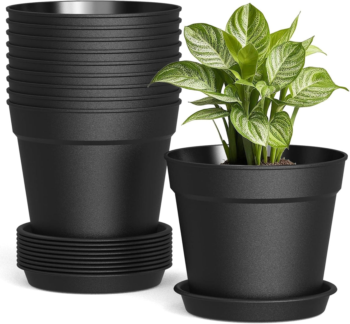 SwinDuck 10 Pack 6 Inch Plant Pots with Drainage and Saucers, Black Plastic Flower Pots for Indoor and Outdoor Plants, Stackable Nursery Planters for Houseplants and Herbs, Black