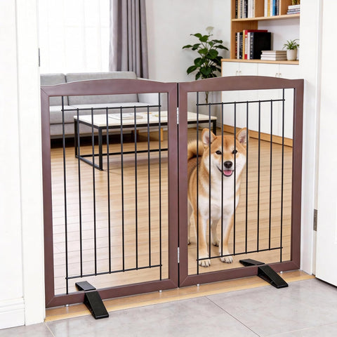 ZJSF Freestanding Dog Fence Indoor, Foldable Dog Gate for Doorways, Stairs or Hallways, Sturdy Wood Extra Wide Pet Gate with Support Feet for The House, Brown, 32 "Height-2 Panels