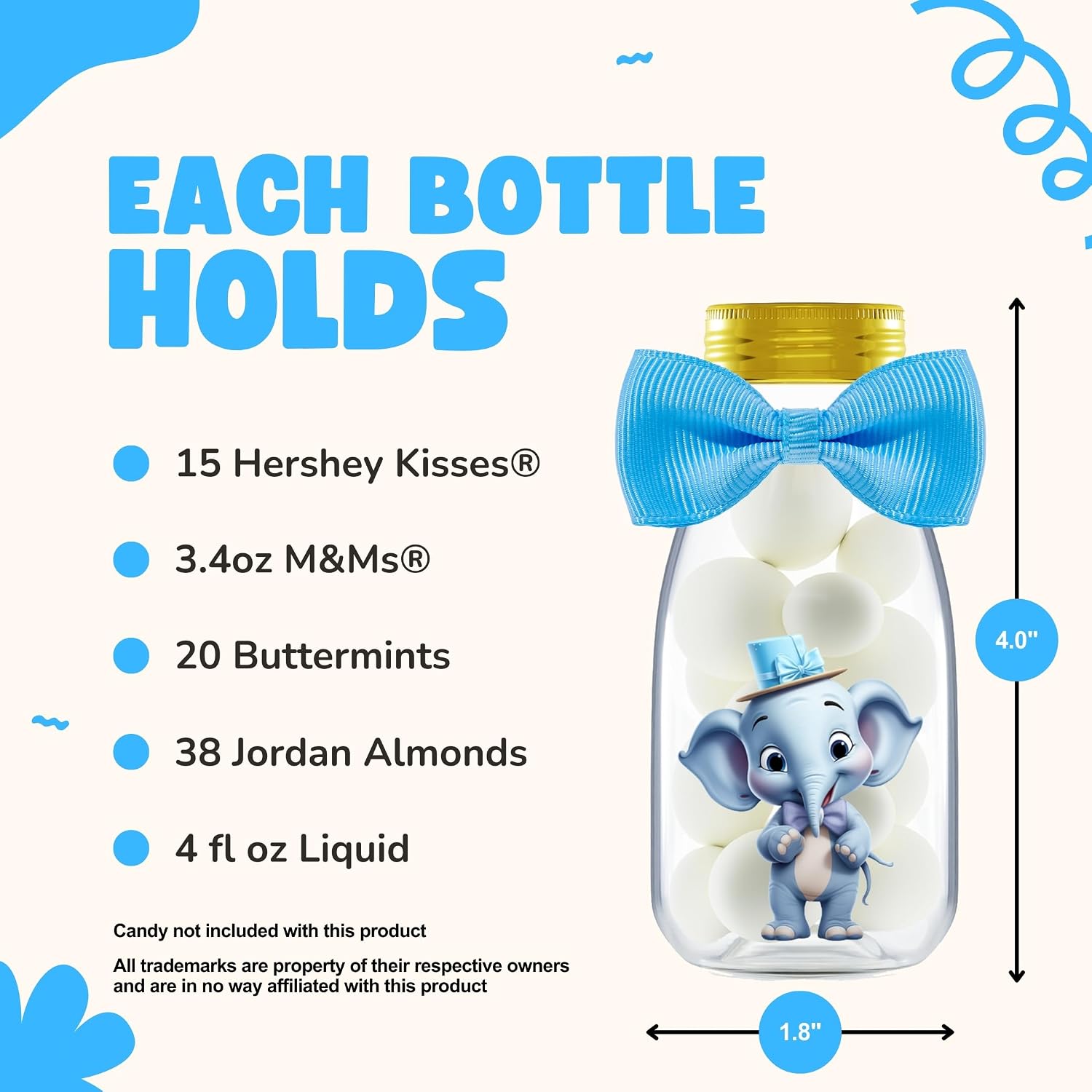 Ethisa Small 12 Pack Blue Elephant Party Favors - Candy Jars with Ribbons and Stickers - DIY Party Decoration Bottles for Baby Shower, Birthday, Gender Reveal, and Classroom - Boy Table Centerpiece