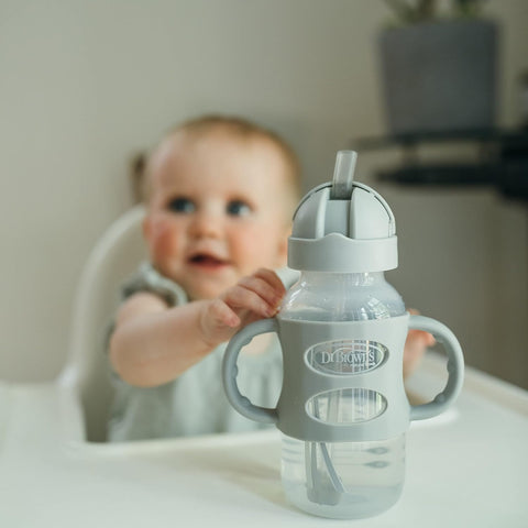 Dr. Brown's Wide-Neck Sippy Straw Bottle with Handles, Gray & Pink, 2-Pack
