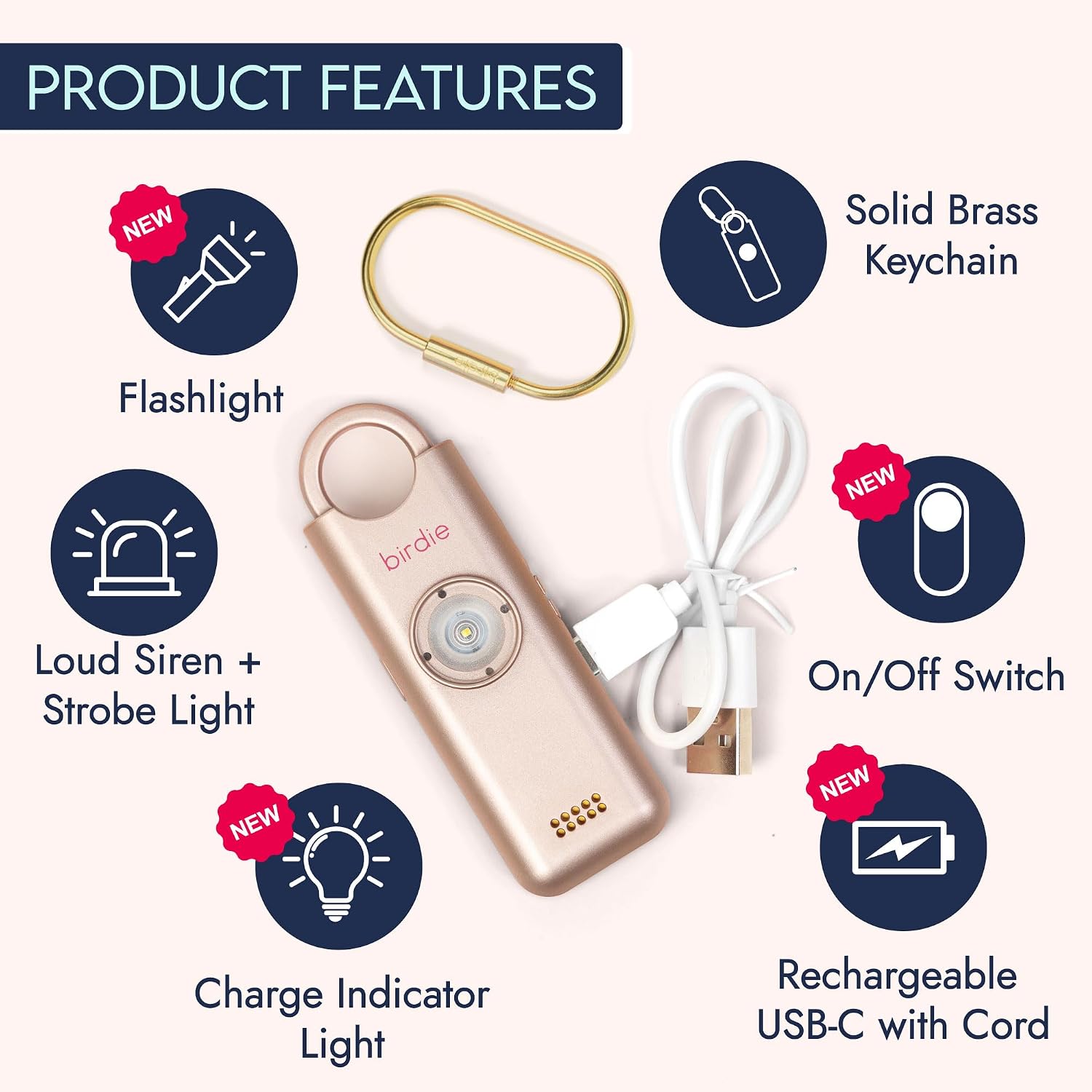 She’s Birdie 3.0 New Version – The Original Personal Safety Alarm for Women by Women–Loud Siren, Flash Light and Rechargeable Battery in a Variety of Colors (Metallic Rose Pink)