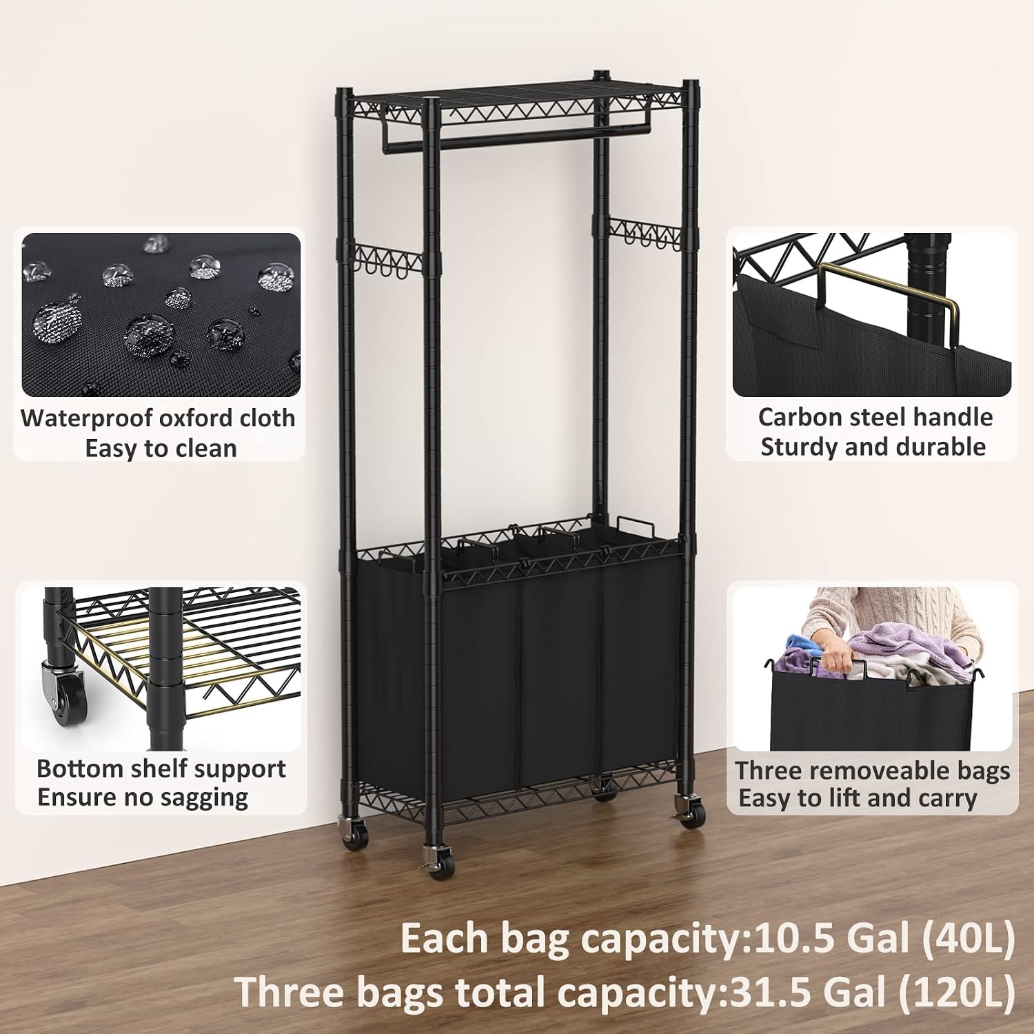 Hodonas Rolling Laundry Basket with Wheels and Hanging Bar, Black