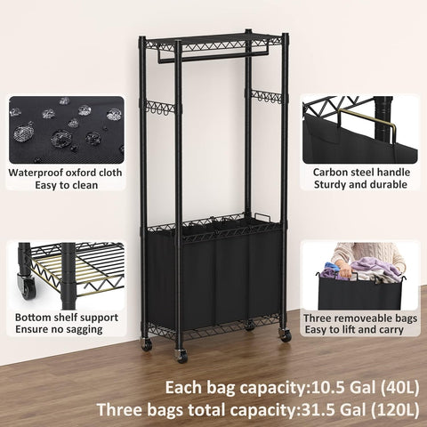 Hodonas Rolling Laundry Basket with Wheels and Hanging Bar, Black