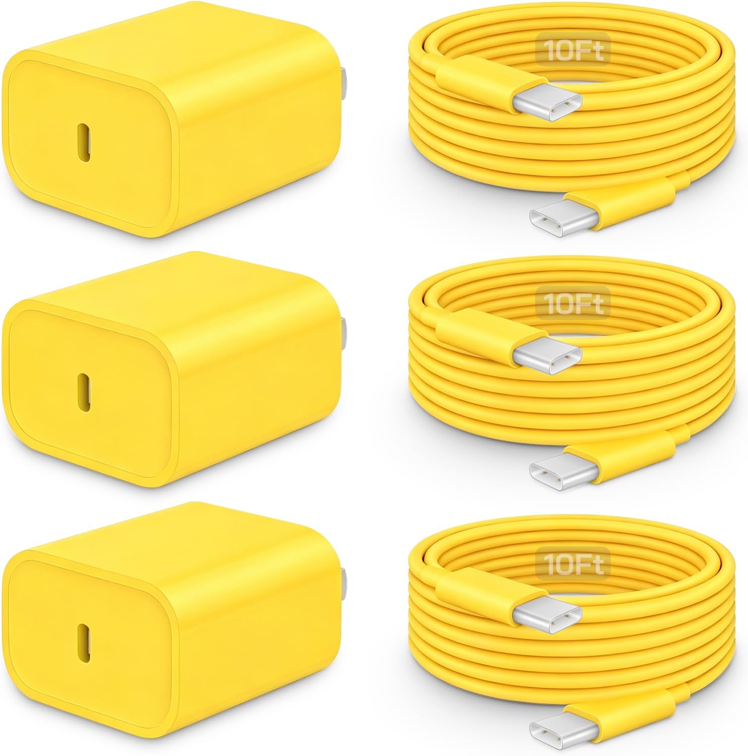 20W Fast Charger for iPhone 17/16/15 with 10FT Cable [3-Pack] - Yellow