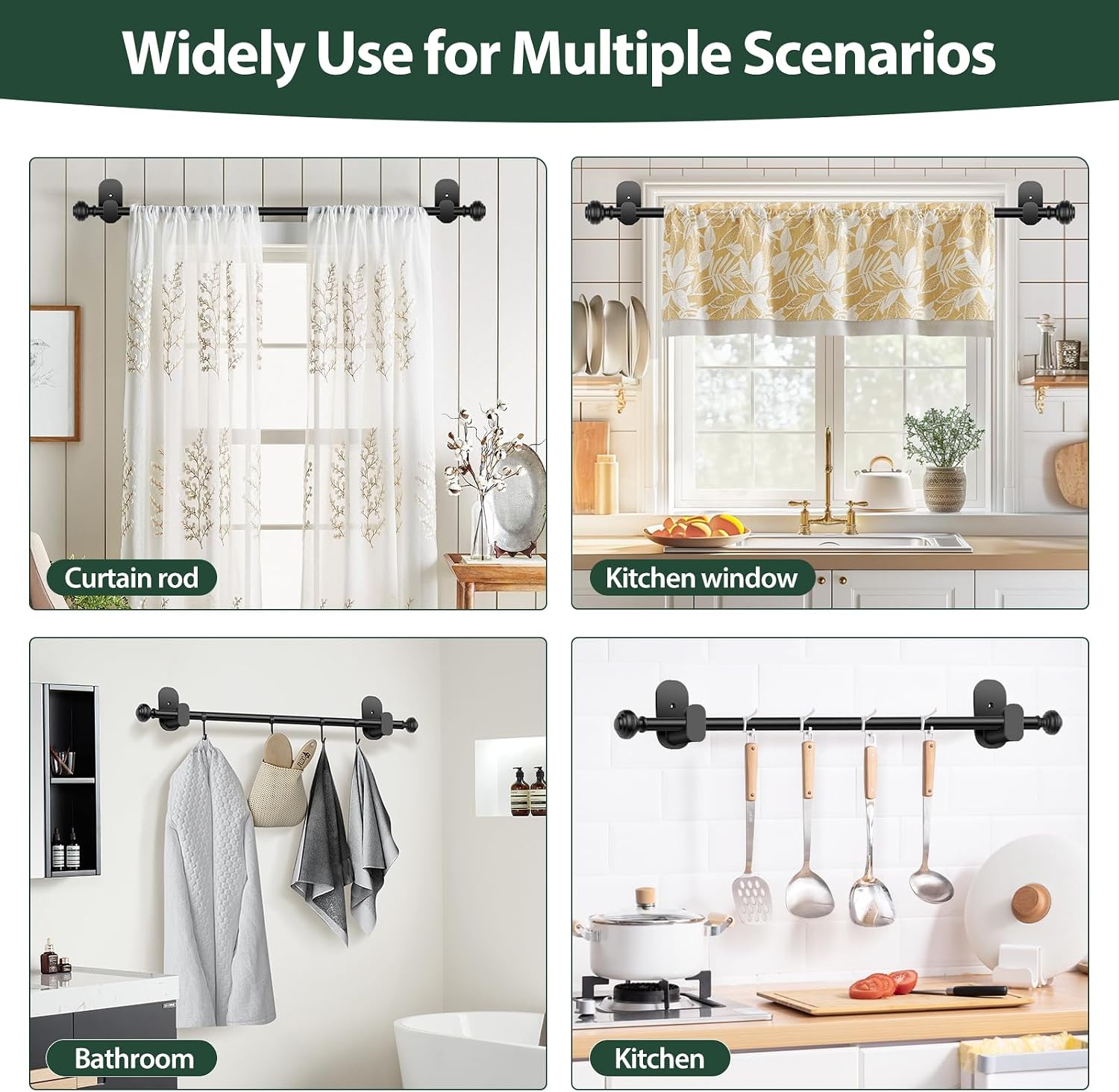 KAMANINA Curtain Rods No Drilling for Windows 16 to 30 Inches, Black