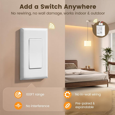 SURAIELEC Wireless Light Switch Kit with Receiver, 15A RF Remote Control