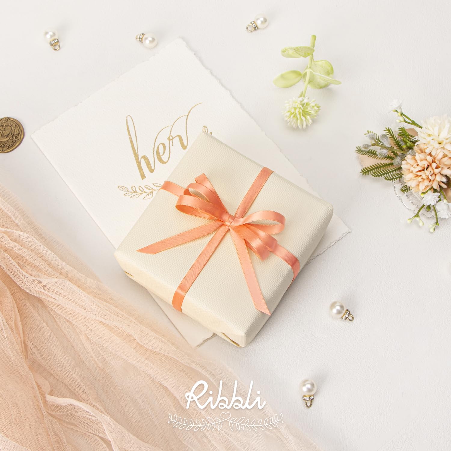 Ribbli Peach Satin Ribbon,Double Faced Satin 1/4 inch x Continuous 50 Yards,Peach Ribbon Use for Bows Bouquet,Gift Wrapping,Wedding Decoration,Floral Arrangement