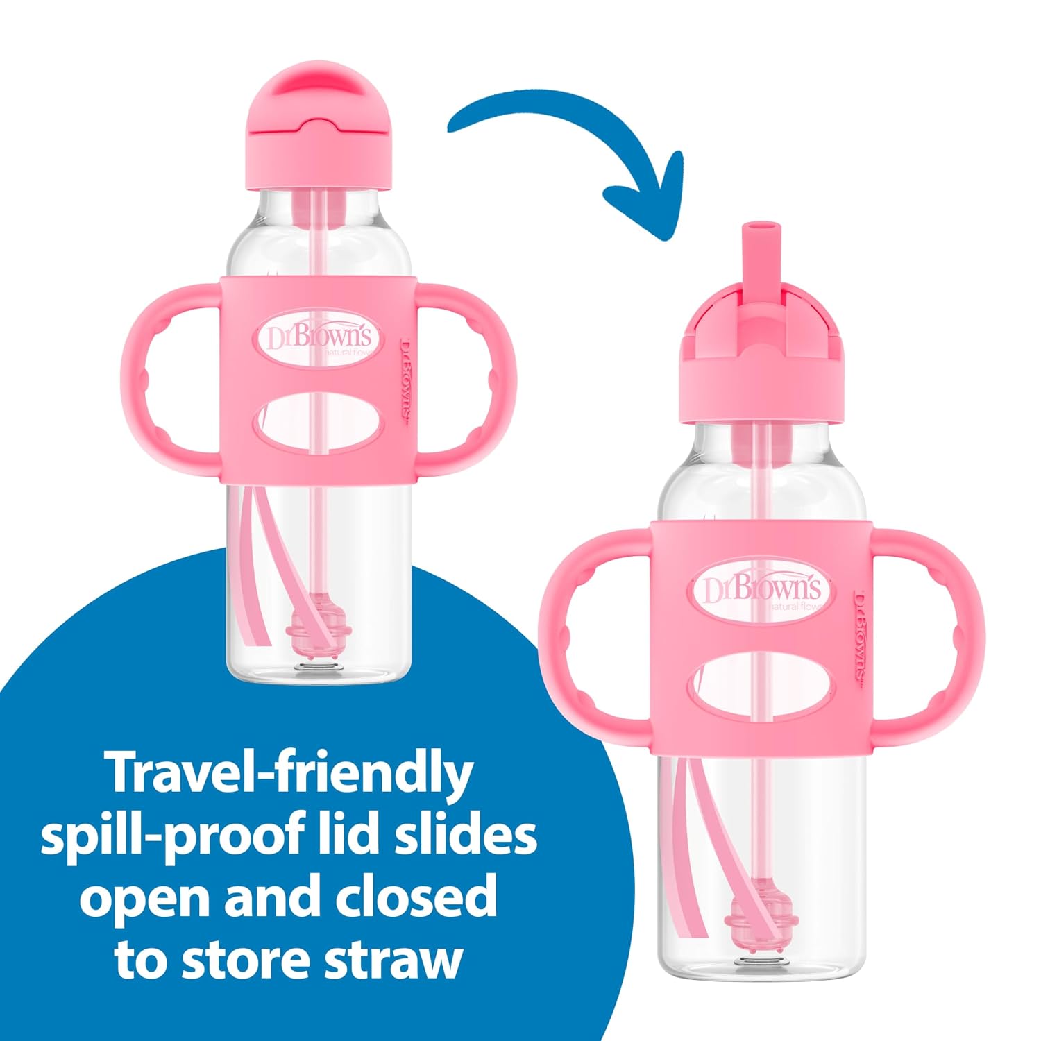 Dr. Brown's Narrow Sippy Straw Bottle with Handles, Gray & Pink, 2-Pack