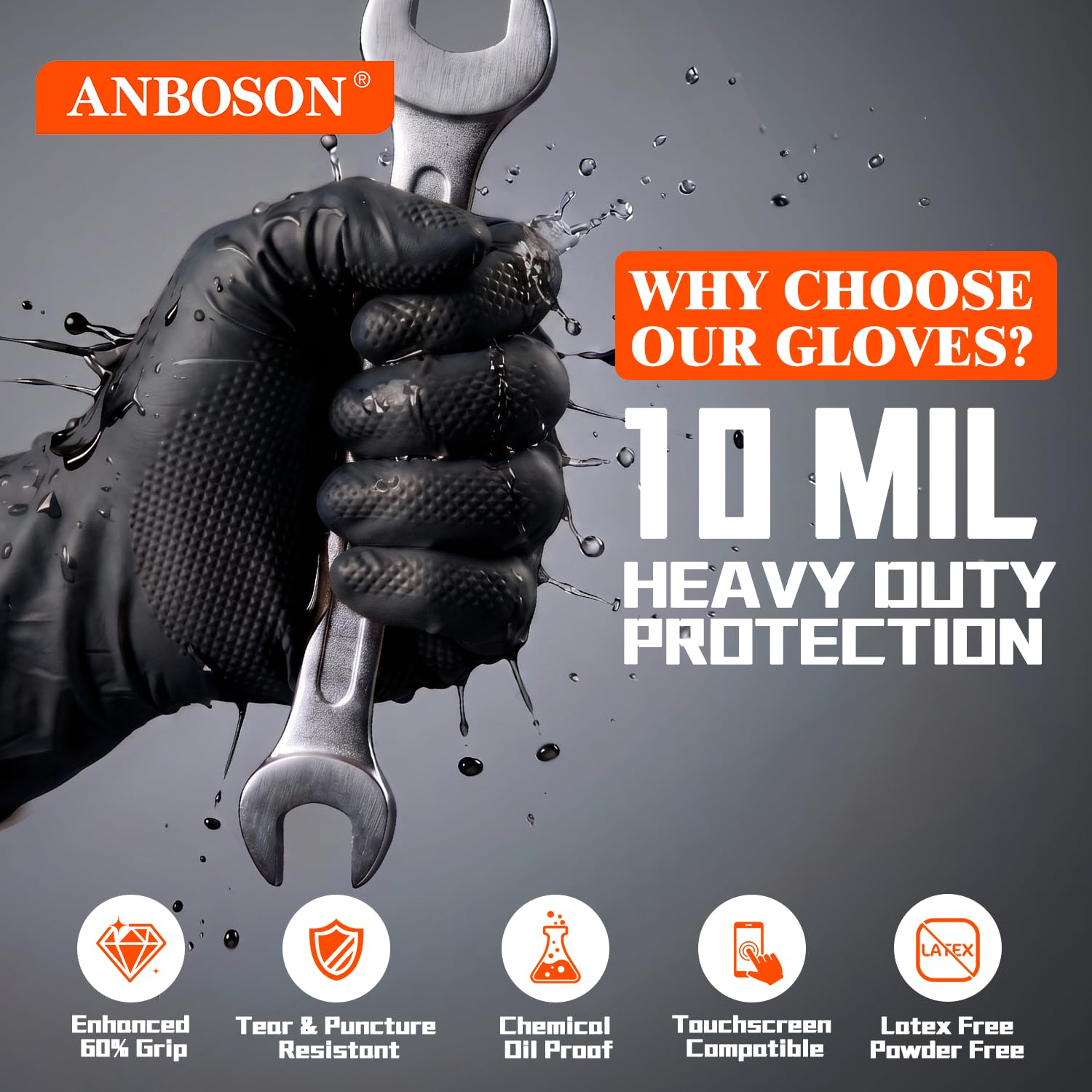 ANBOSON 10 Mil Heavy Duty Mechanic Nitrile Gloves, Medium Black 100 Count
