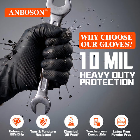 ANBOSON 10 Mil Heavy Duty Mechanic Nitrile Gloves, Medium Black 100 Count