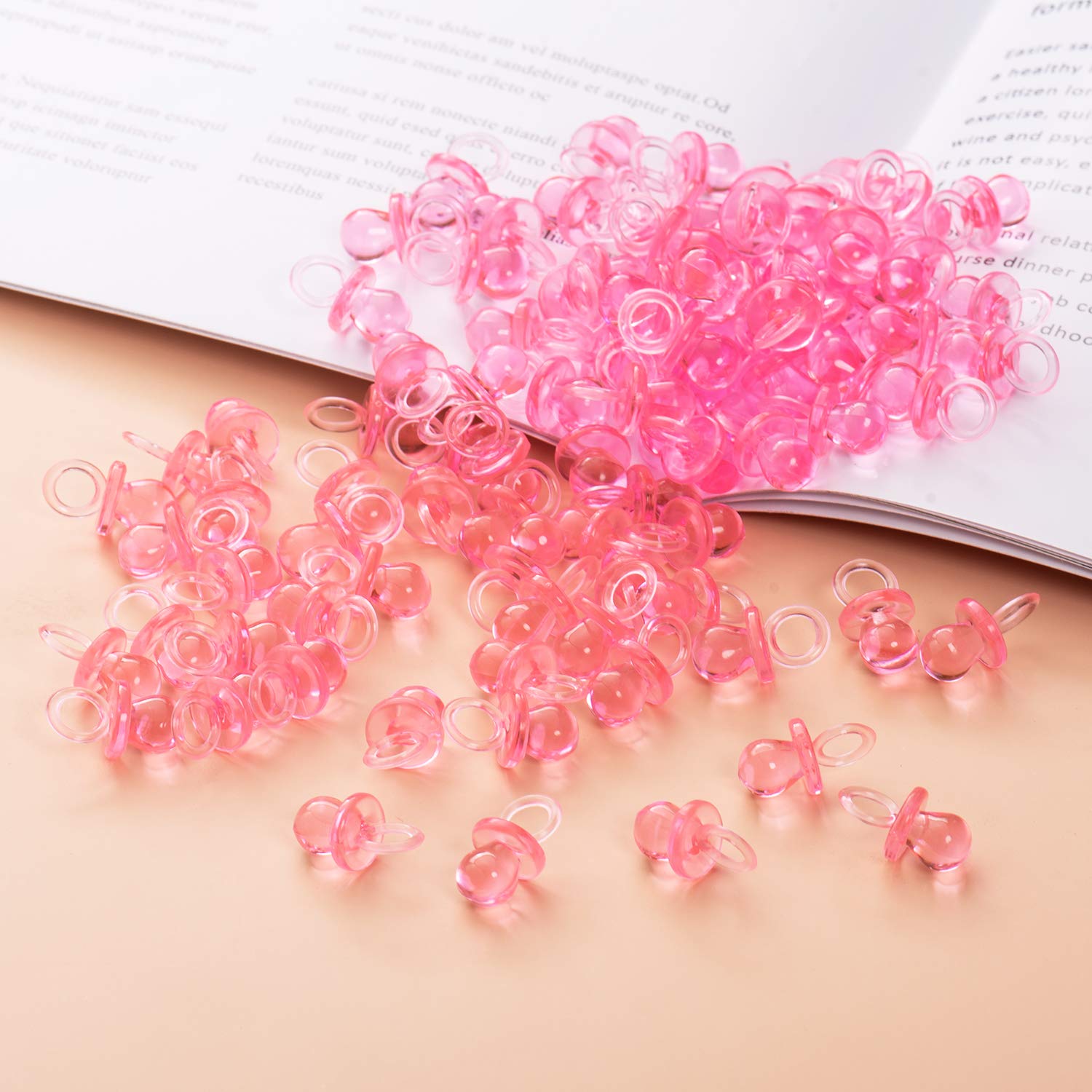 XINHUIDALSQ 150 Mini Acrylic Pacifiers for Baby Shower Game, 0.86 Inch Bulk Chupones para Gender Reveal Party Favors Table Decoration (Pink)