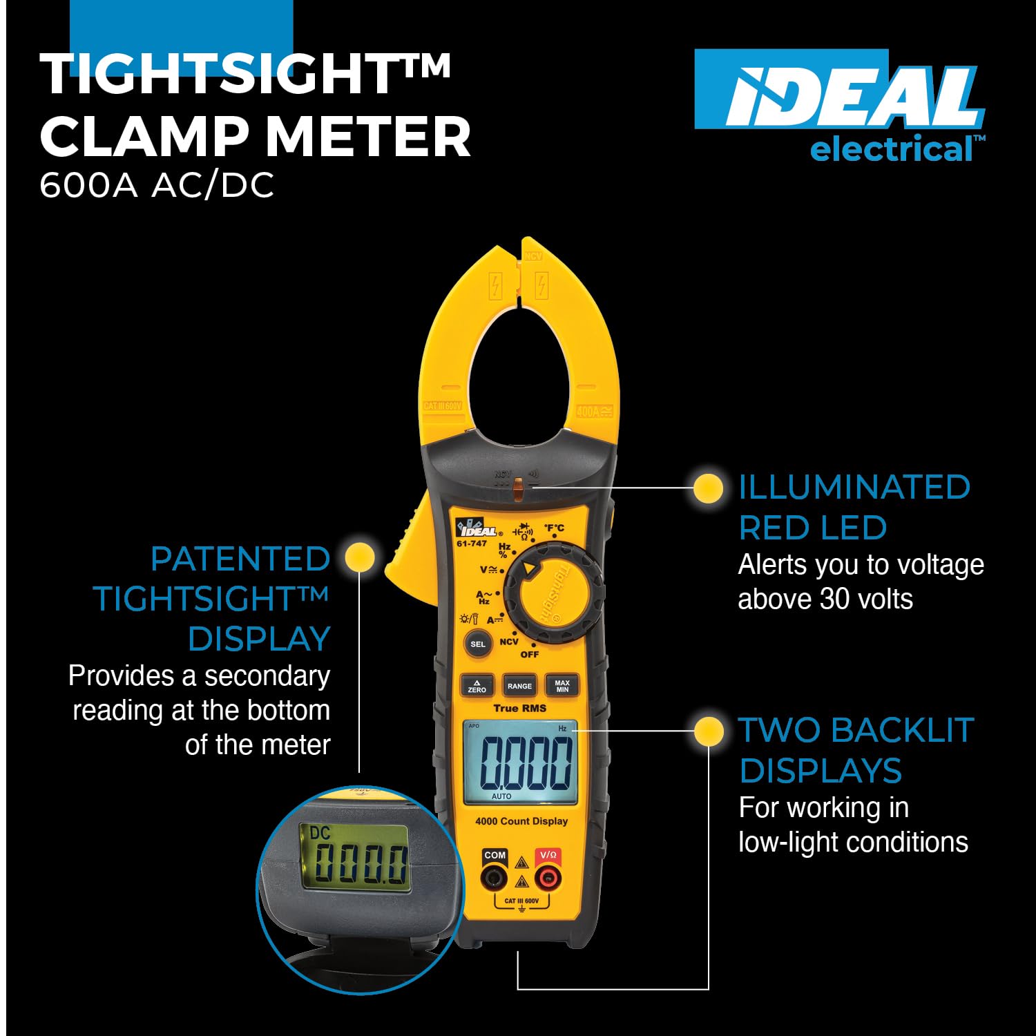 Ideal Electrical TightSight Clamp Meter, 61-747, 400A AC/DC True RMS