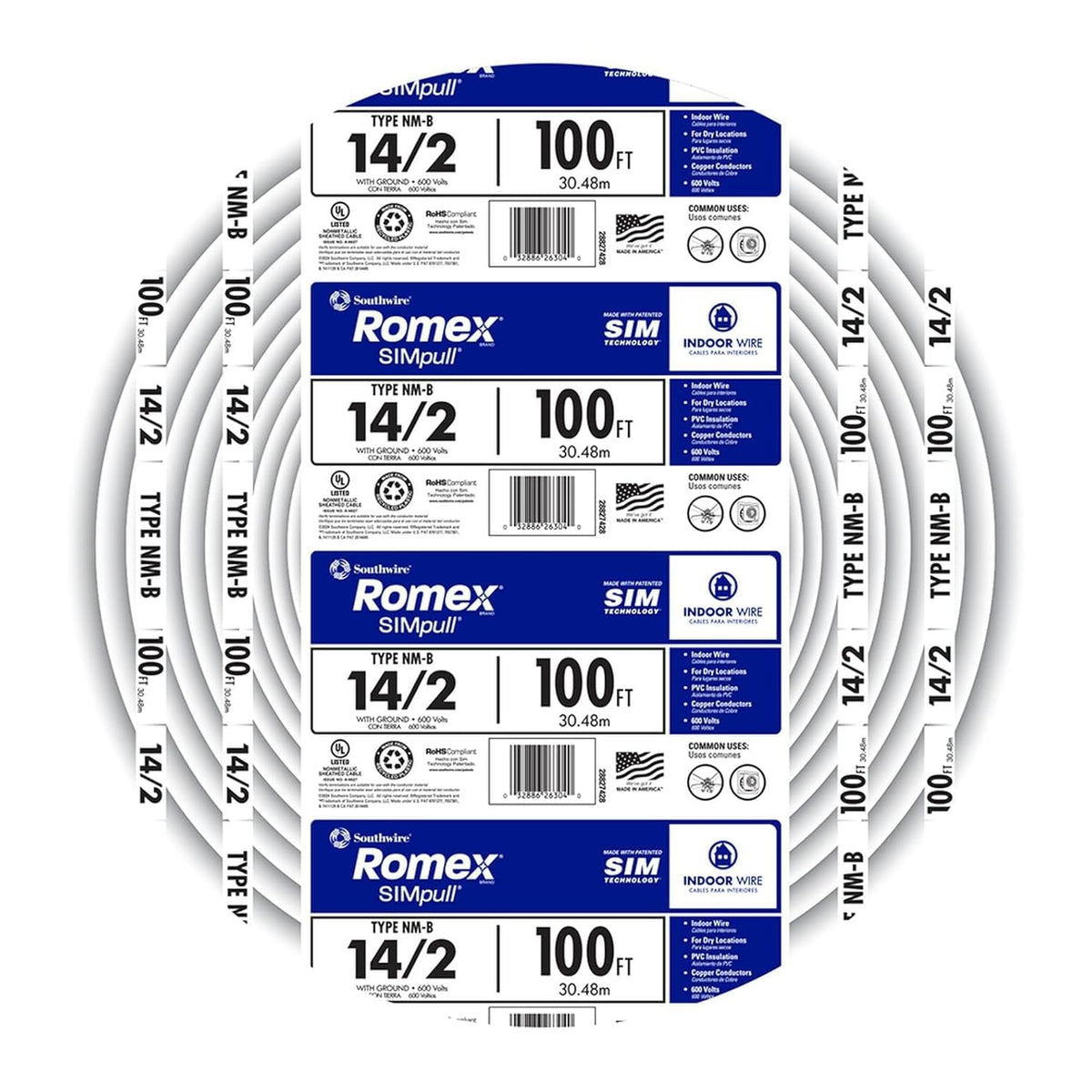 Southwire Romex Brand Simpull™ Solid Indoor 14/2 W/G NMB Cable 100ft Coil - SW# 28827423