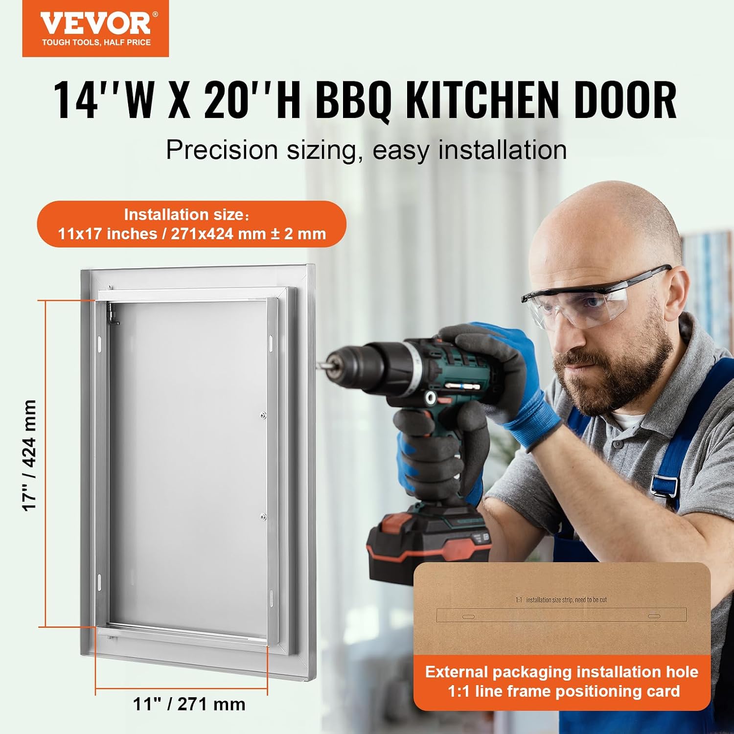 VEVOR Outdoor BBQ Kitchen Door - 14W x 20H Inch Stainless Steel Flush Mount Vertical Wall Door with Handle for Island, Grilling Station