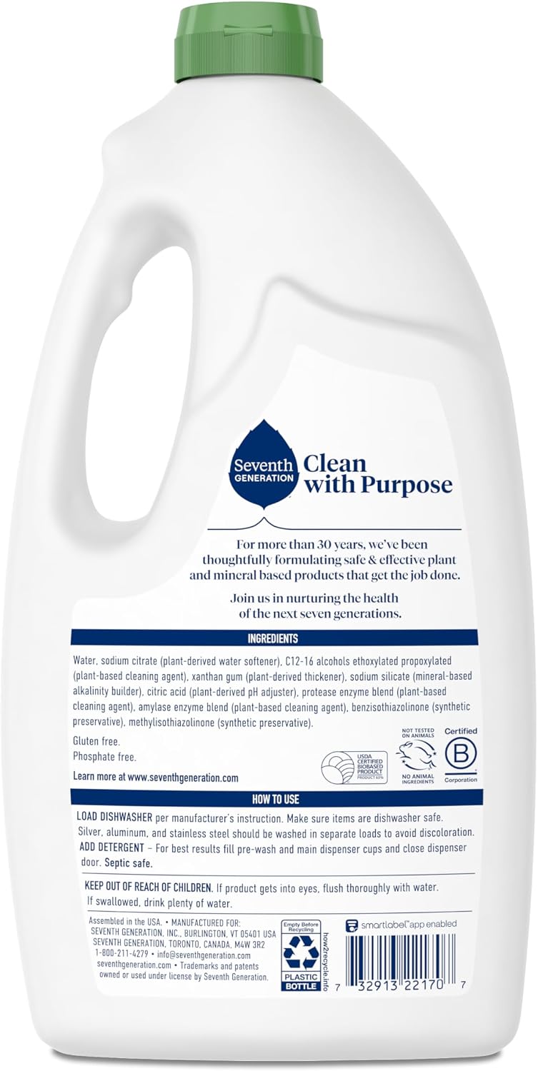 Seventh Generation Free & Clear Dishwasher Detergent Gel, 42 oz, 6 Pack, Targets Grease & Stuck-On Food For A Streak-Free Finish, Fragrance Free