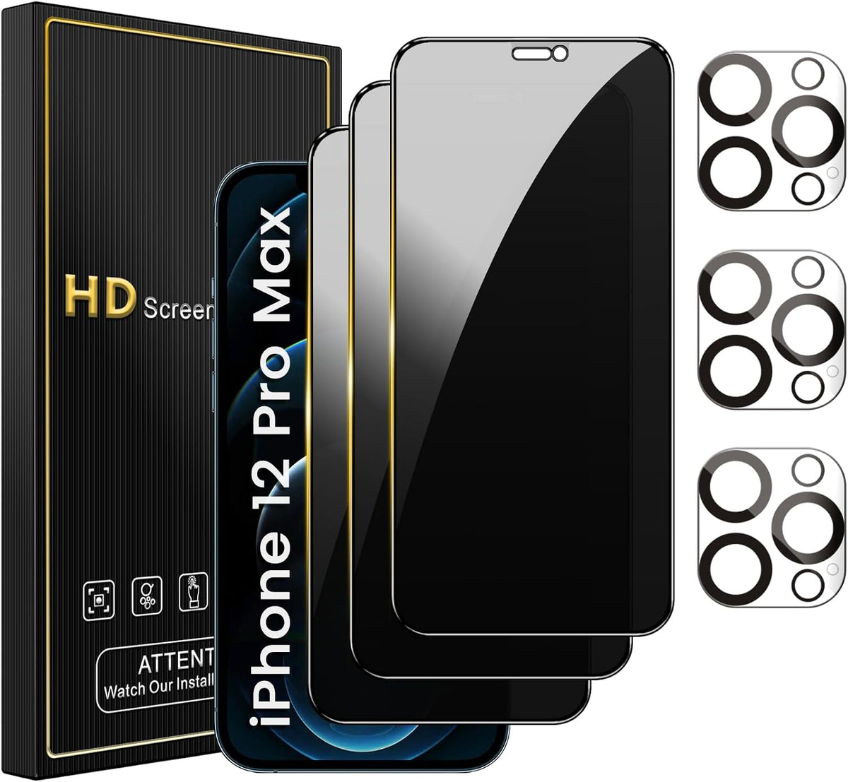 Romkasi 3 Pack Privacy Screen Protector for iPhone 12 Pro Max 6.7 Inch with 3 Pack Camera Lens Protector, Anti Spy Tempered Glass Film, Anti-Scratch, Touch Sensitive, Case Friendly
