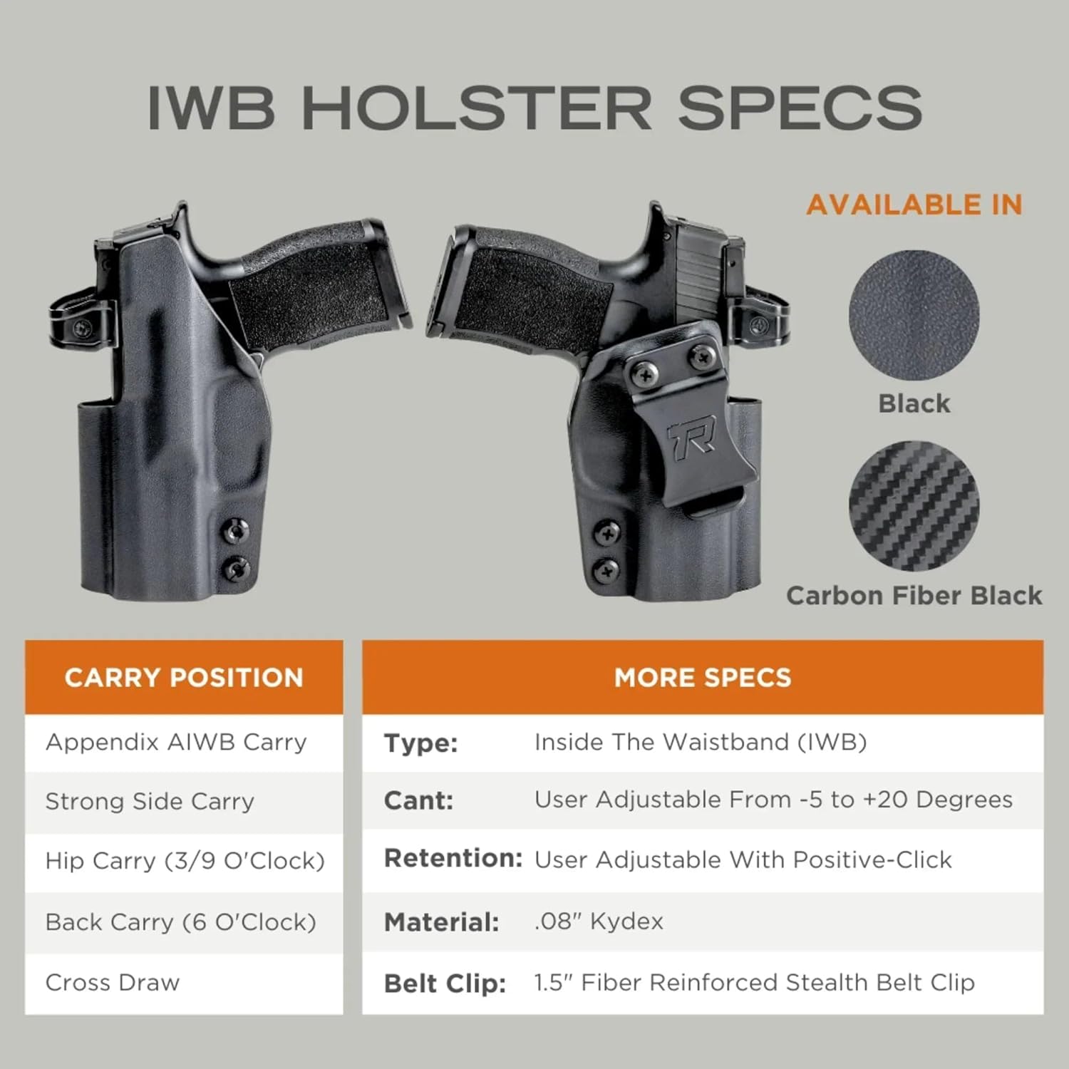 Rounded IWB Holster - Inside Waistband Concealed Carry, American Made, Concealment Express, Carbon Fiber Black Kydex, Optics Ready, Fits:
