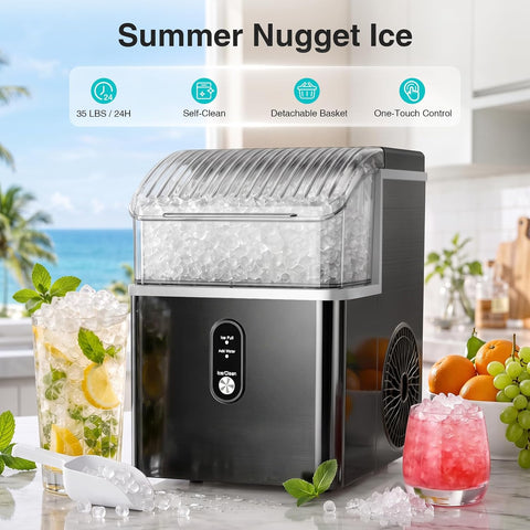 Kismile Nugget Ice Maker Countertop, 35 lbs/Day, Stainless Steel