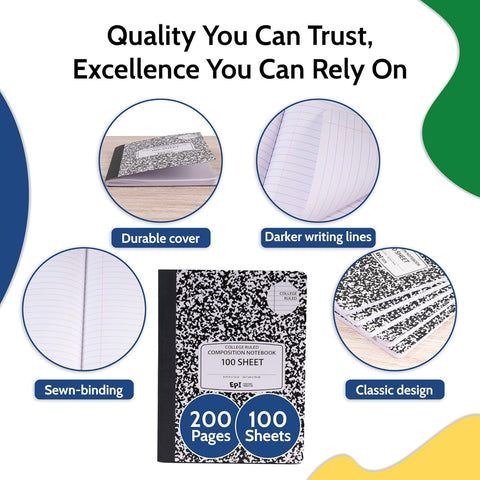 960 Pack (Pallet) EPI College Ruled Composition Notebook Bulk, 200 pages (100 Sheets), 9-3/4 x 7-1/2, Black Marble, Bulk School Supplies, Heavy Duty, Durable Office Notebooks, Sturdy Sewn Binding