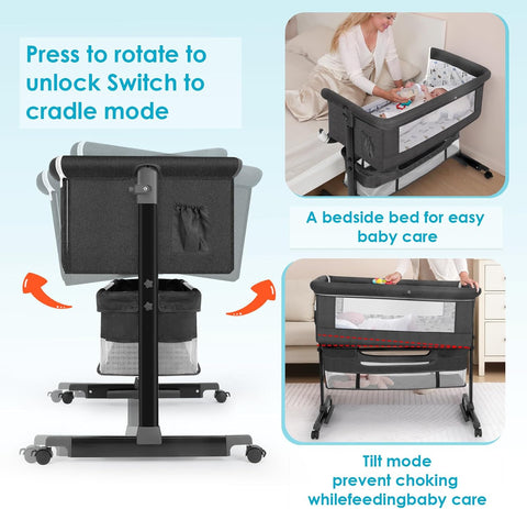 YADAQE Baby Cradle, Freestanding Bedside Bassinet, 3-in-1 Convertible Bassinet with 360° Swivel Wheels, 2026 New Model Adjustable, Easy-Fold Portable Neutral Baby Newborn Bassinet (Dark Gray)