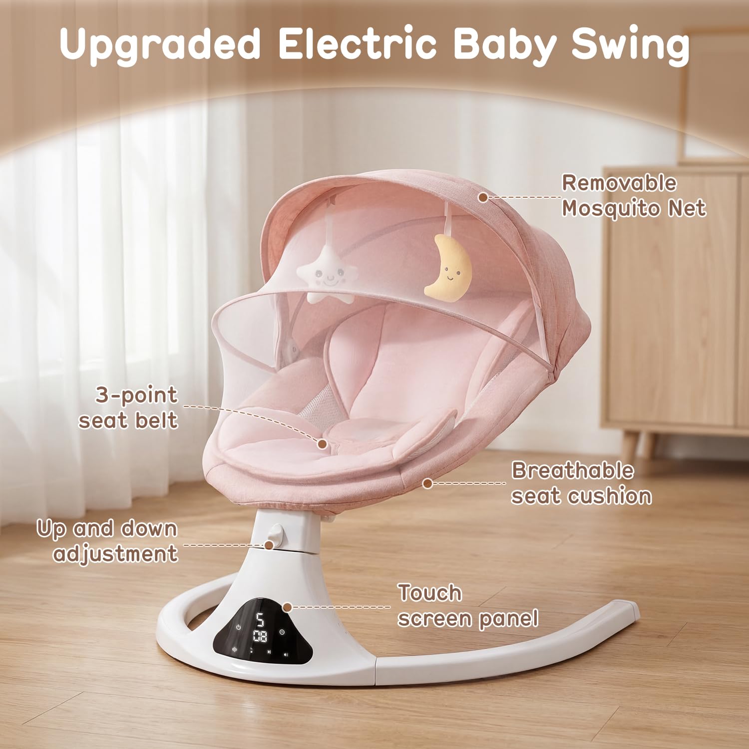 Electric Baby Swing with Remote Control,5 Speeds&Portable&Cozy(0-12M,Pink)
