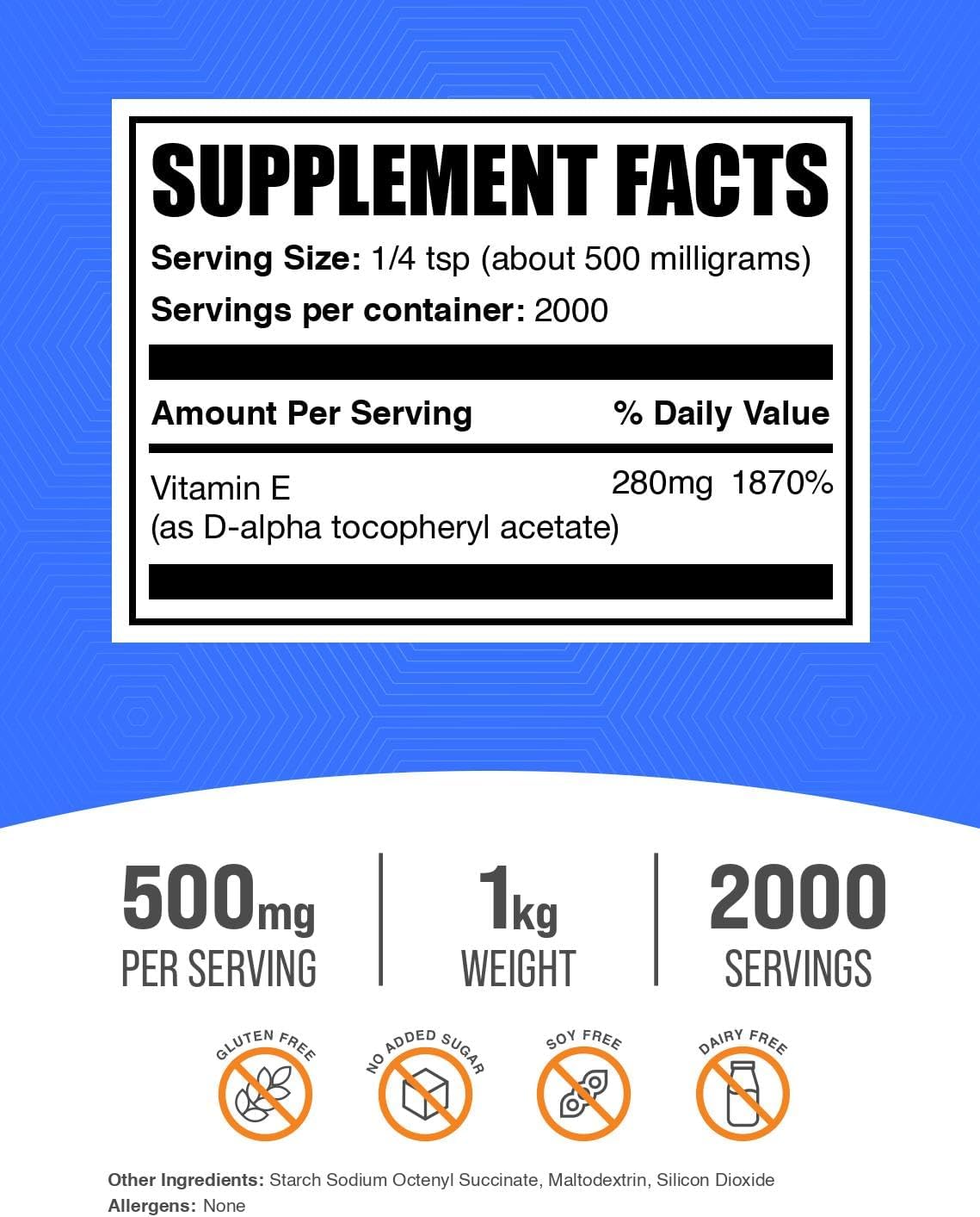 BulkSupplements.com Vitamin E 400 IU Powder - as D-Alpha Tocopherol, Vitamin E Supplements - Gluten Free, 500mg per Serving, 1kg (2.2 lbs) (Pack of 1)