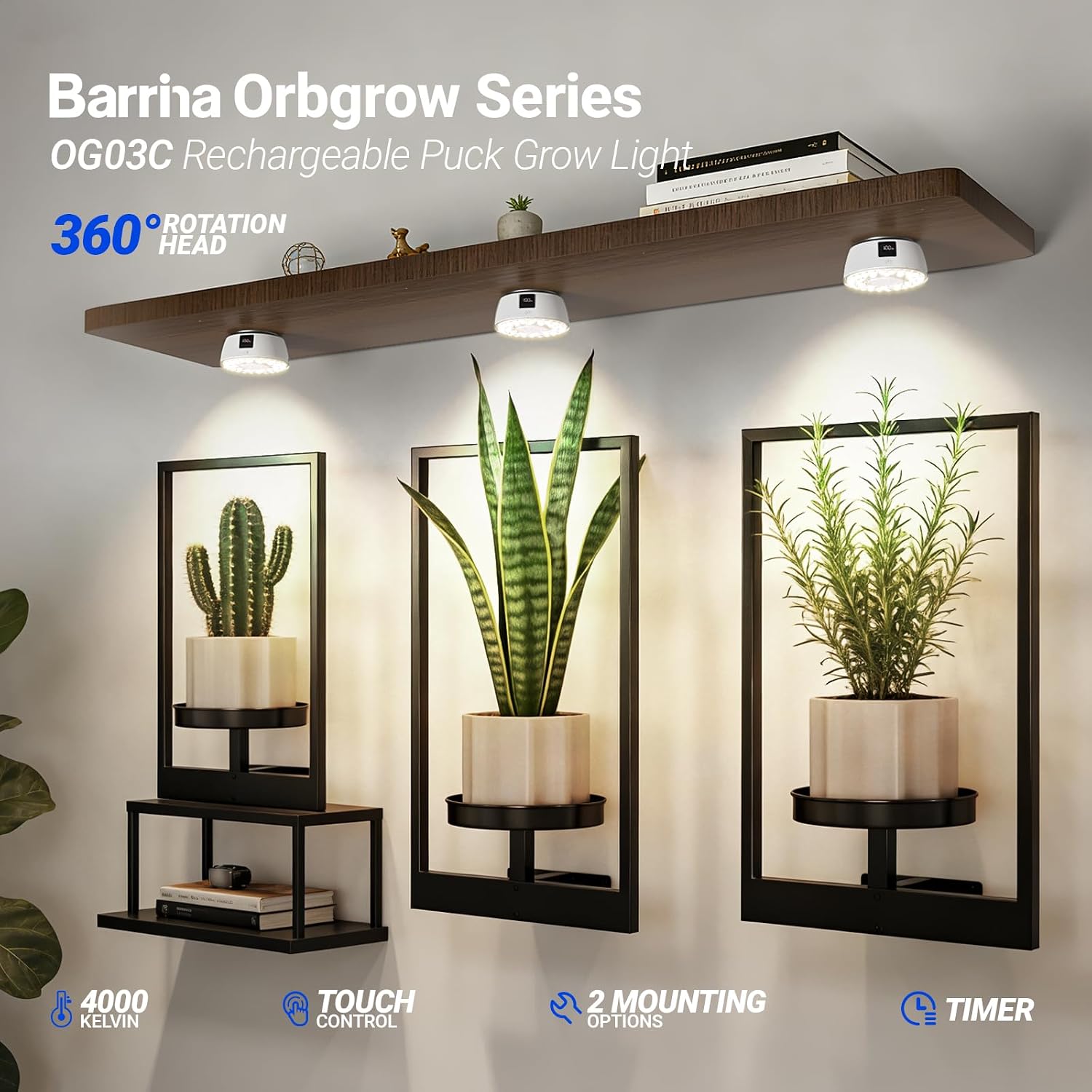 Barrina OG03C Rechargeable Puck Grow Light, 5200mAh, 4000K, 2 Packs, White