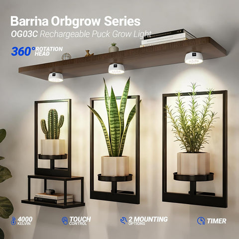 Barrina OG03C Rechargeable Puck Grow Light, 5200mAh, 4000K, 2 Packs, White