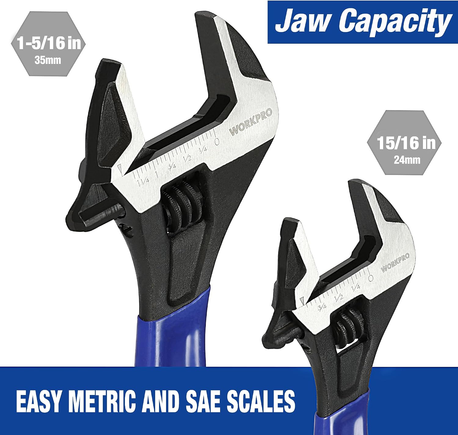 WORKPRO 2-Piece Adjustable Wrench Set, 6-Inch & 10-Inch Wide Jaw Wrenches