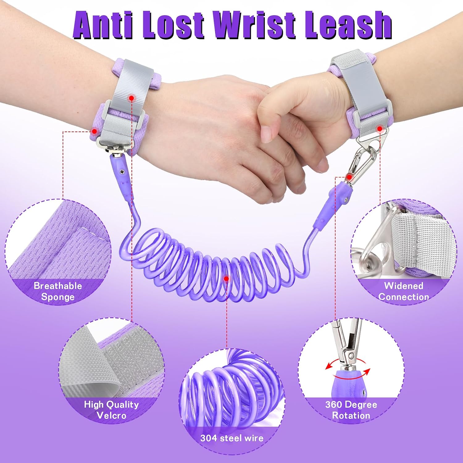 Toddlers Leash + Anti Lost Wrist Link Child Kids Safety Harness Kids Walking Wristband Assistant Strap Belt for Girl Pink Christmas Gift (Purple)