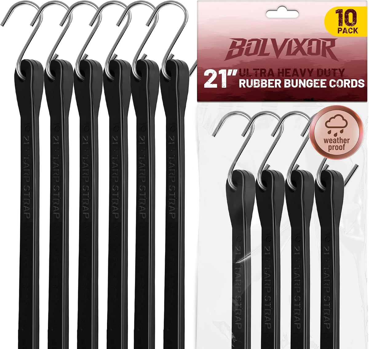 Bungee Cords with Hooks, 10 Pack, 21", EPDM Rubber