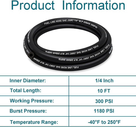 Fuel Line Hose 1/4 Inch ID, 10FT Fuel Hose, with 10 Clamps