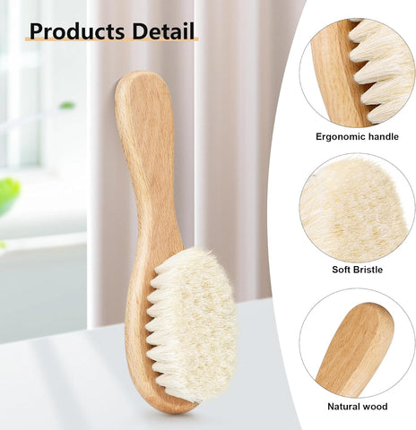 Baby Hair Brush with Wooden Handle and Comb Set for Newborns & Toddlers | Natural Soft Goat Bristles l Wood comb l Yellow Silicone Brush| Ideal for Cradle Cap (3PCS)