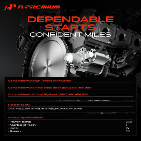 A-Premium High Torque 3HP Starter Motor, 12V 2.5KW 9 Teeth Clockwise