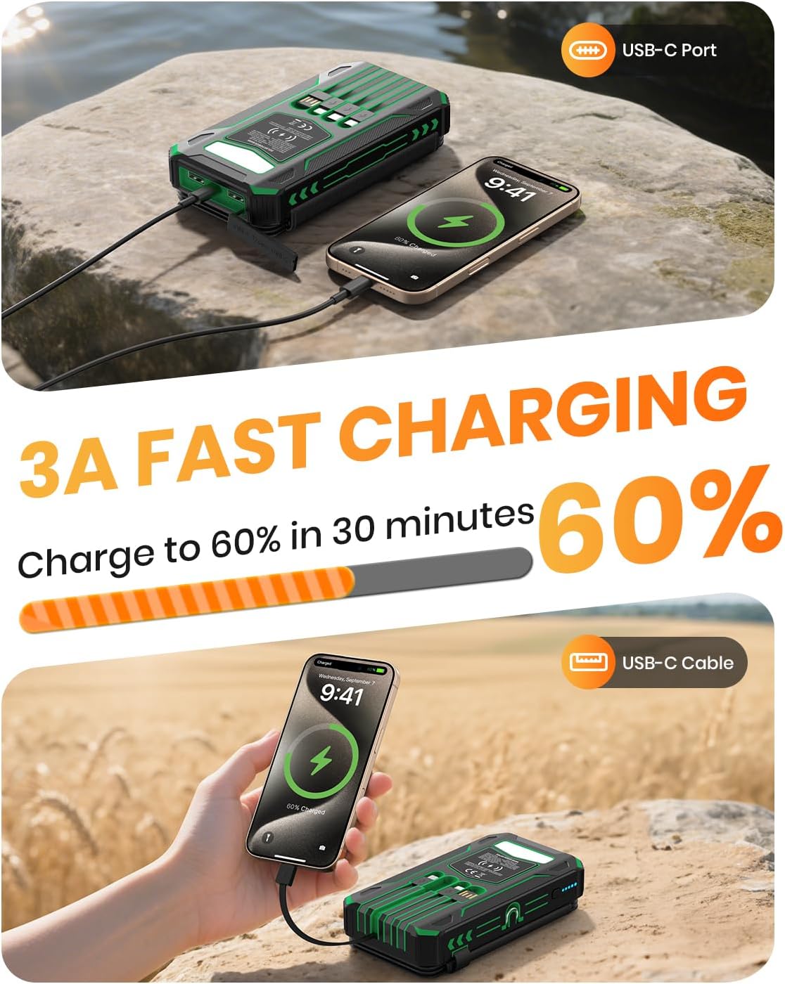 Solar Power Bank 48000mAh Built in 4 Cables, Flashlight, Travel Essential