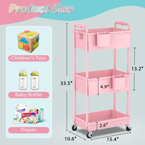 SUNALLY Baby Diaper Caddy Cart, 3 Tier Rolling Diaper Cart for Nursery,Pink
