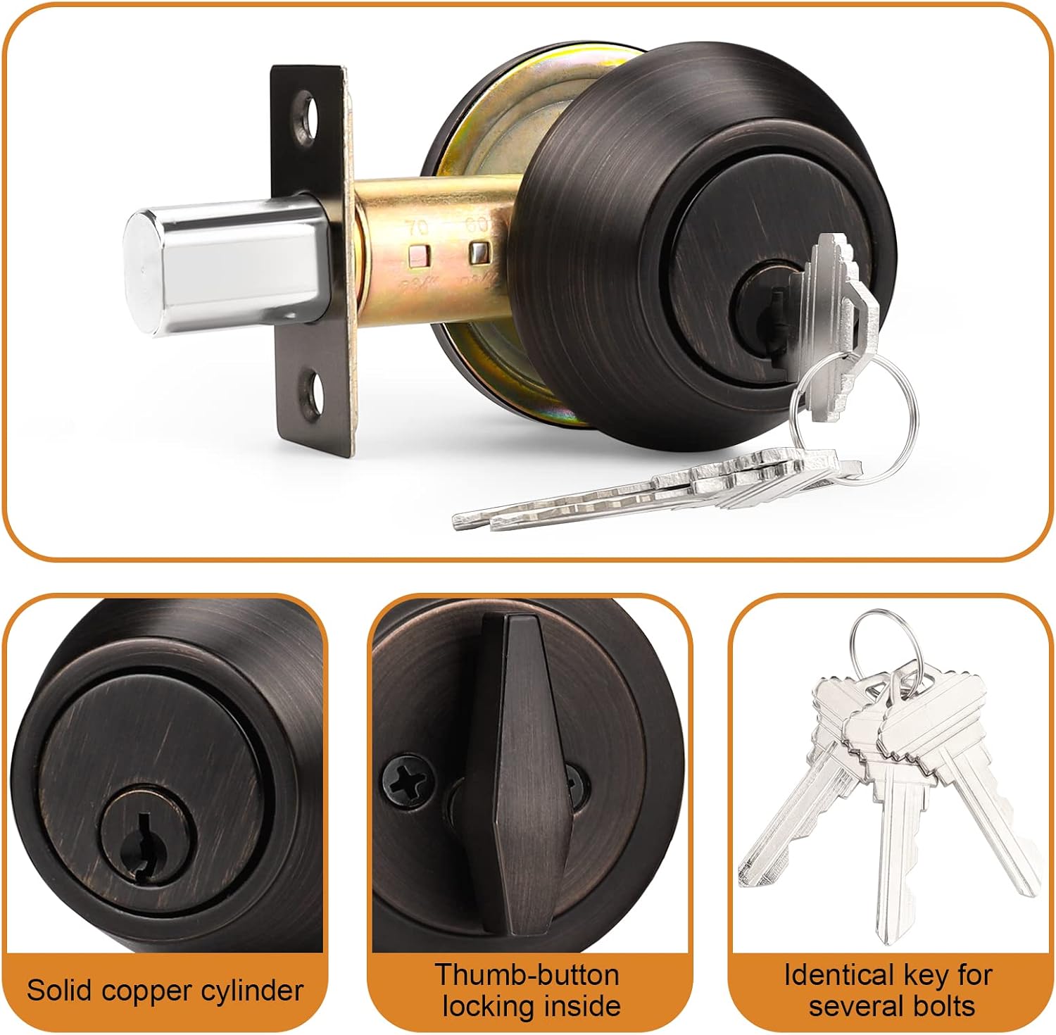 Probrico Keyed Alike Single Cylinder Deadbolts Oil Rubbed Bronze(Combo Packs), One Side Keyed Deadbolts, Interior& Exterior Door Lock for Entrance Lock and Front Gate, 4 Pack