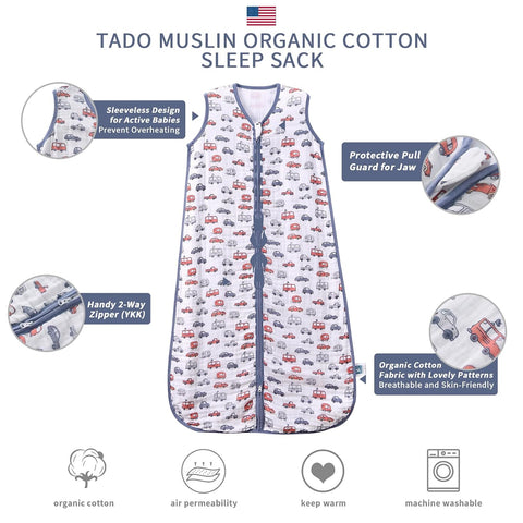 TADO MUSLIN Baby Sleep Sack 12-24 M Baby Wearable Blanket 100% Organic Cotton 0.5 TOG Toddler Sleep Sack 2-Way Zipper Soft Large 4 Layers 1-2 T Car