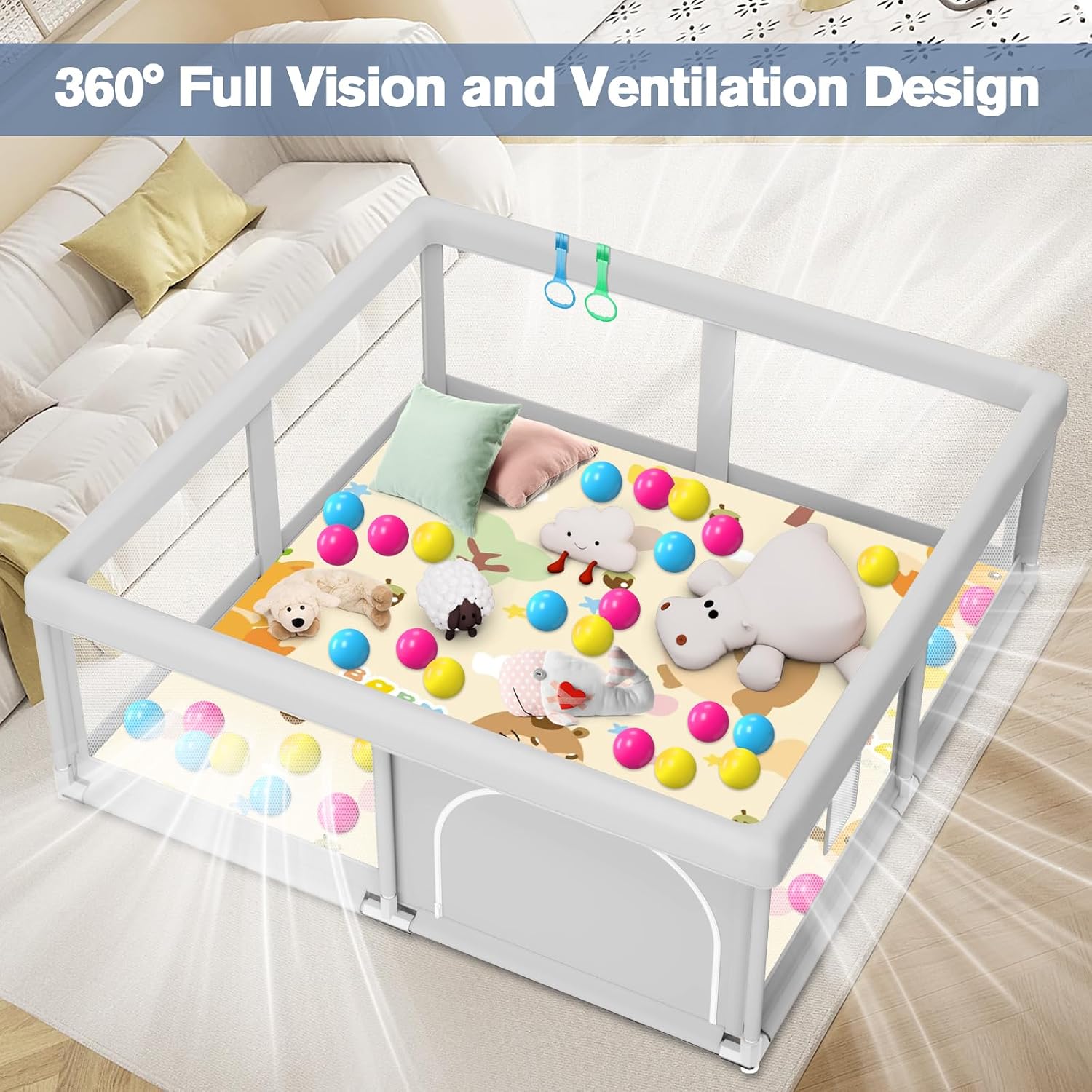 Baby Playpen with Mat, 50 x 50 inch, PlayPen for Babies and Toddlers, Sturdy Safety Play Pen with Soft Breathable Mesh (Ball and Pull Rings Included)