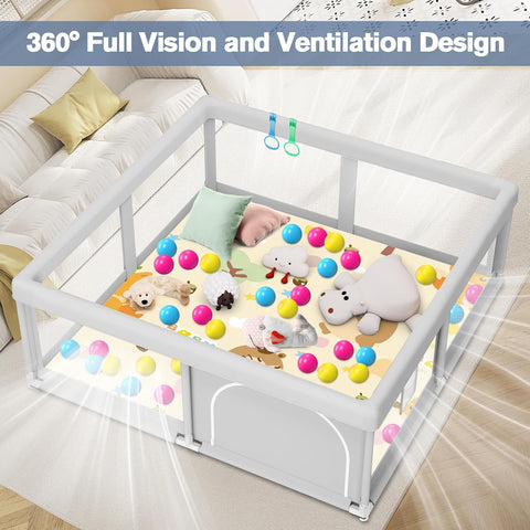 Baby Playpen with Mat, 50 x 50 inch, PlayPen for Babies and Toddlers, Sturdy Safety Play Pen with Soft Breathable Mesh (Ball and Pull Rings Included)