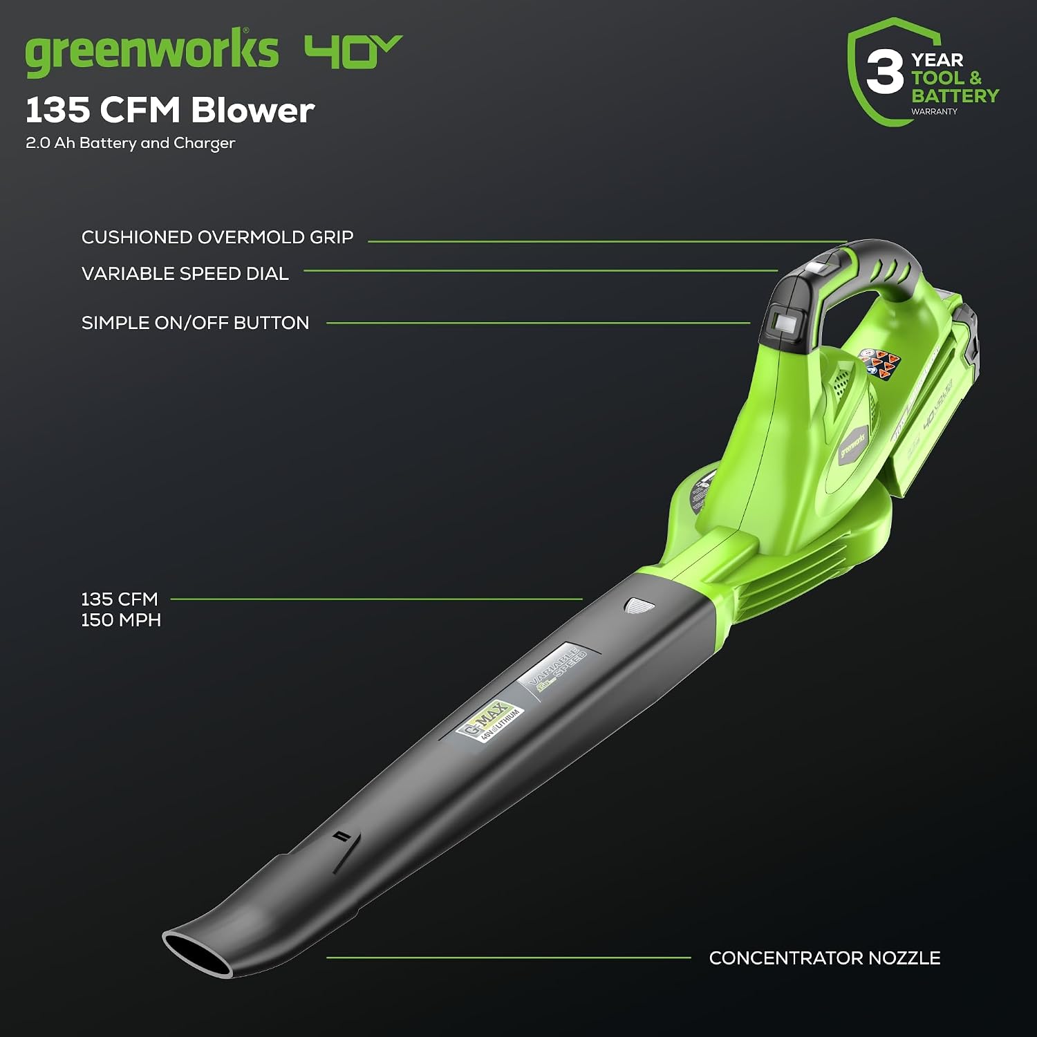 Greenworks 40V Cordless Leaf Blower, 135 CFM, 2.0 Ah Battery and Charger