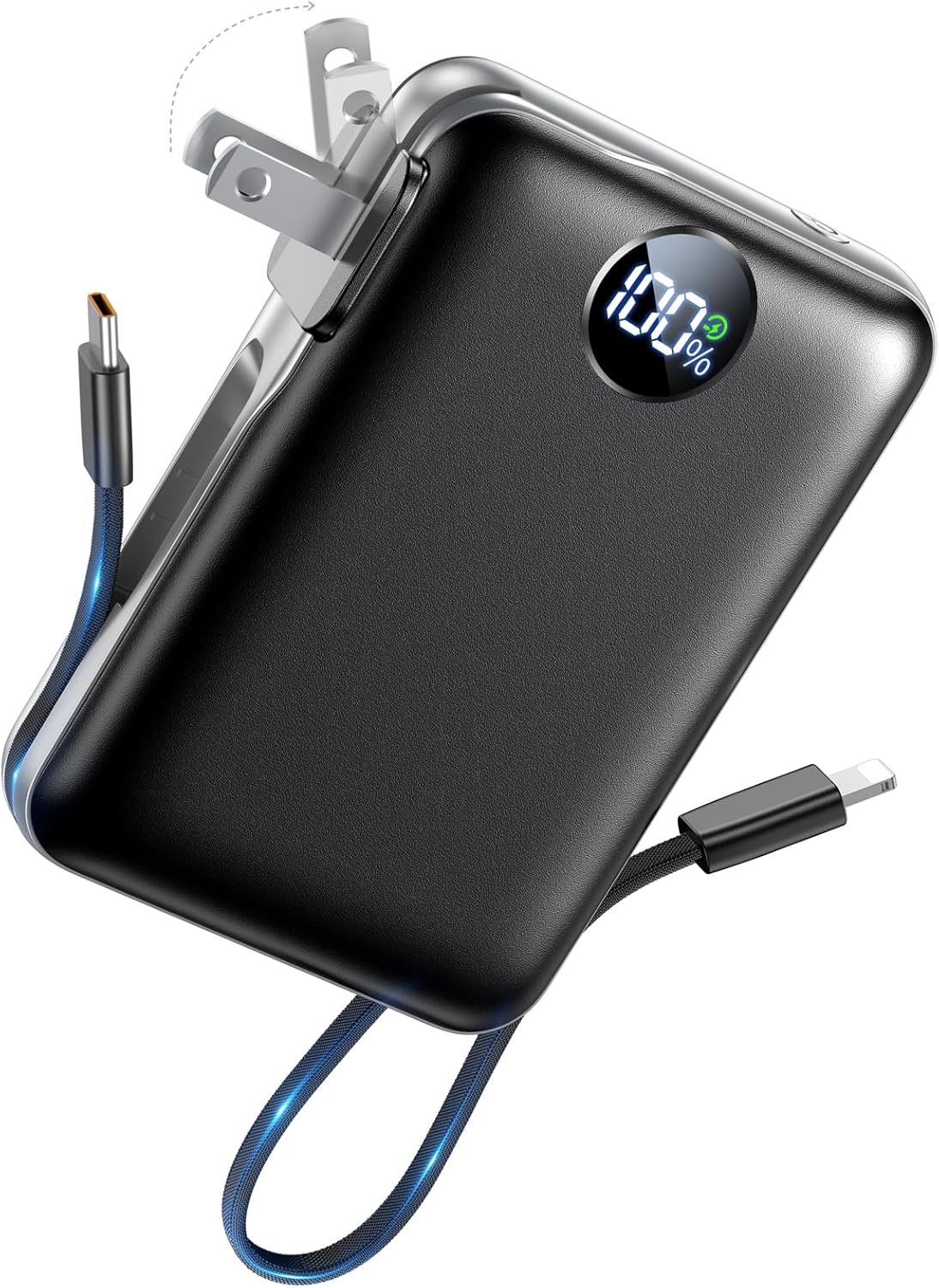 Portable Charger Power Bank 10000mAh, 45% Smaller Built-in Cables & AC Plug