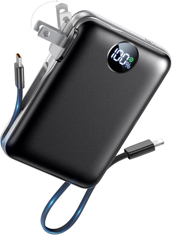 Portable Charger Power Bank 10000mAh, 45% Smaller Built-in Cables & AC Plug
