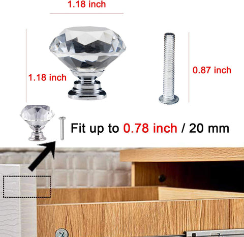 YourGift 16 Pack Drawer Knobs Diamond Shaped Crystal Glass 30mm Cabinet Knobs Pull Handles (Silver)