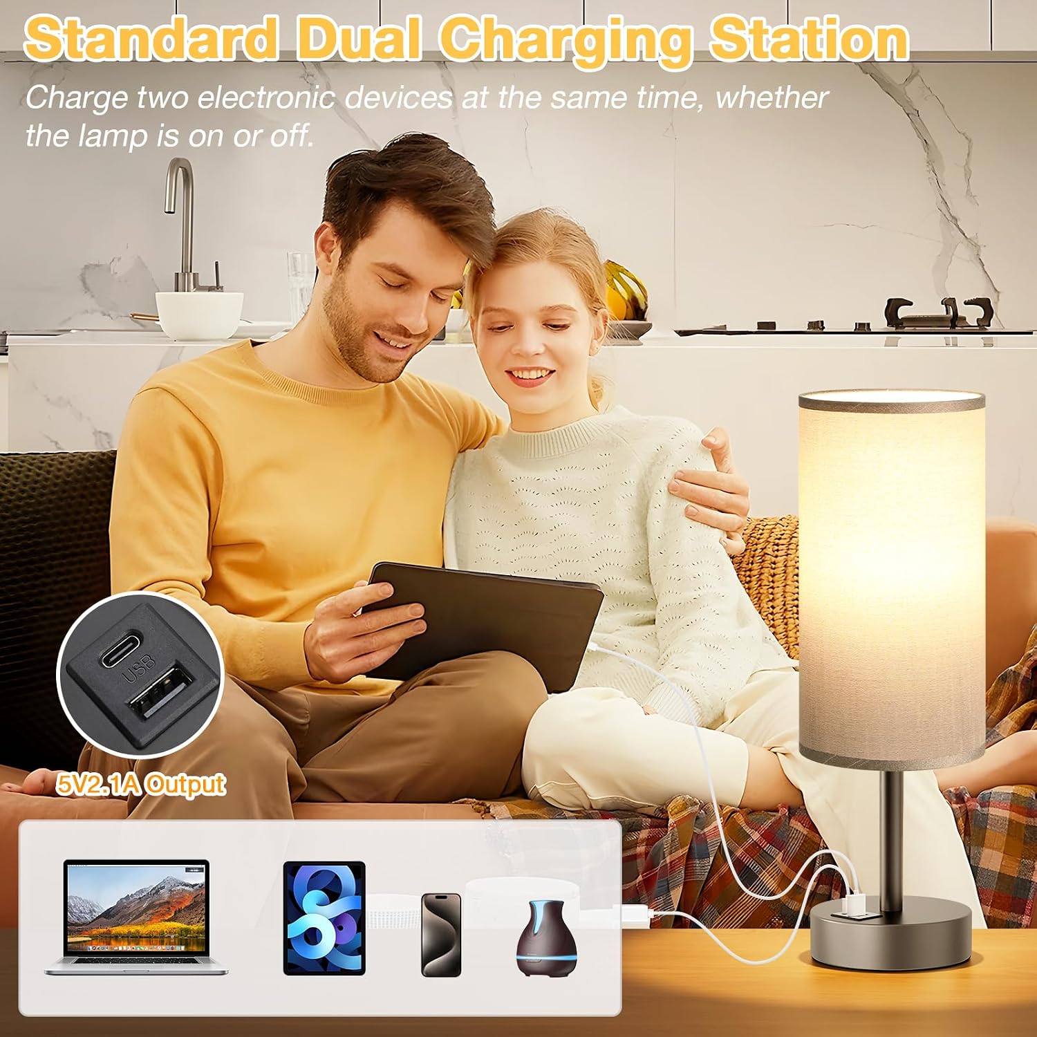 Dicoool Bedside Table Lamp for Bedroom - 3-Way Dimmable Touch Lamp, USB A+C