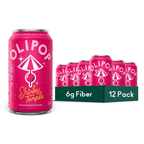 OLIPOP 6g Fiber Prebiotic Soda, Shirley Temple, 12 fl oz, 12 Pack | Shelf Stable Prebiotic Soda, 6g Fiber, 4g Sugar, Digestive Health Support, Prebiotics & Botanicals, Gluten Free, Non GMO