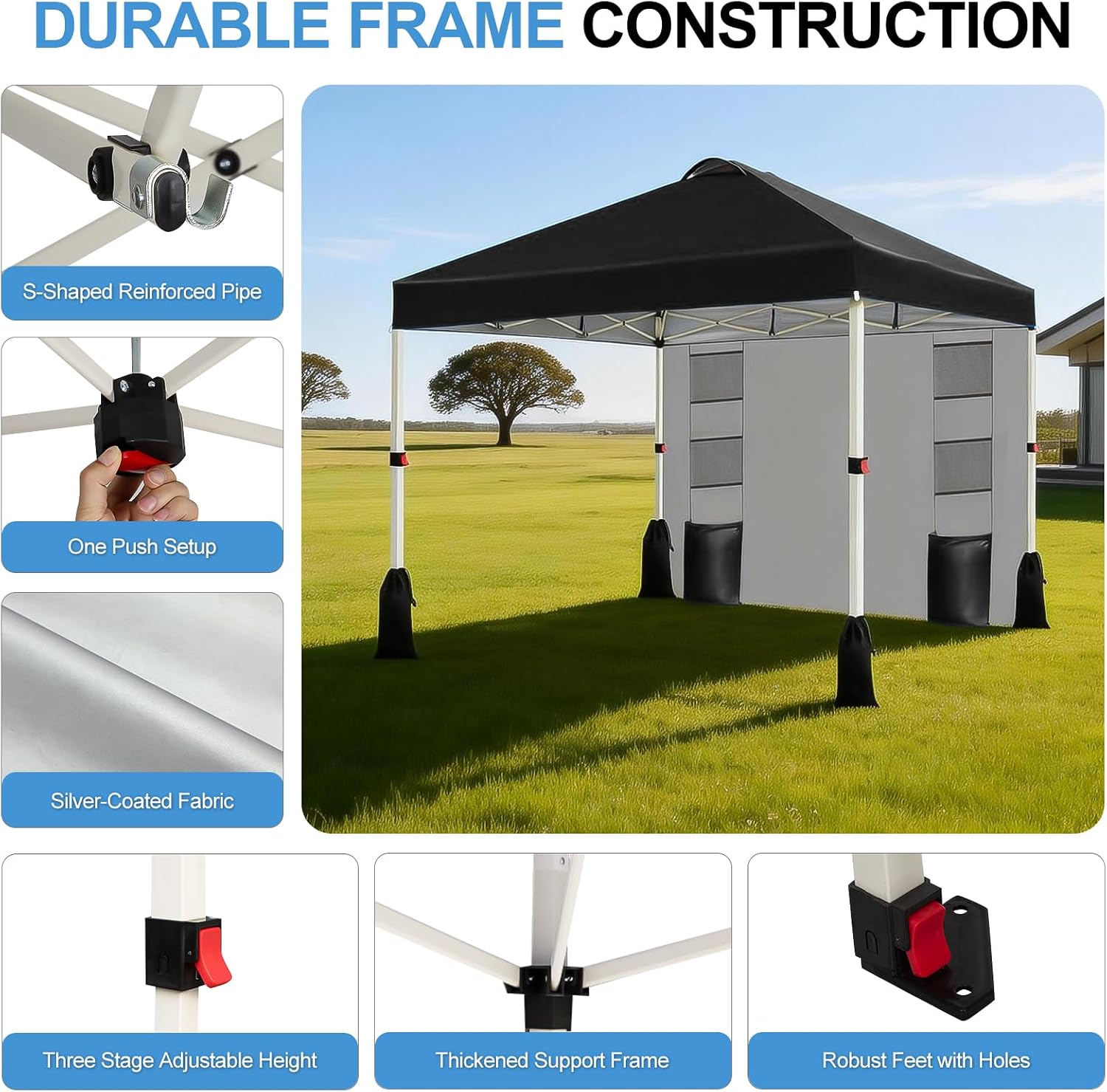 WEIZE 10x10 Pop Up Canopy Tent, 1-Button Push Setup Canopy Tent with 1 Sidewall, Adjustable Height Instant Portable Shelter,Portable Roller Bag, Easy Outdoor Sun Shade for Events,4 Weight Bags,Black
